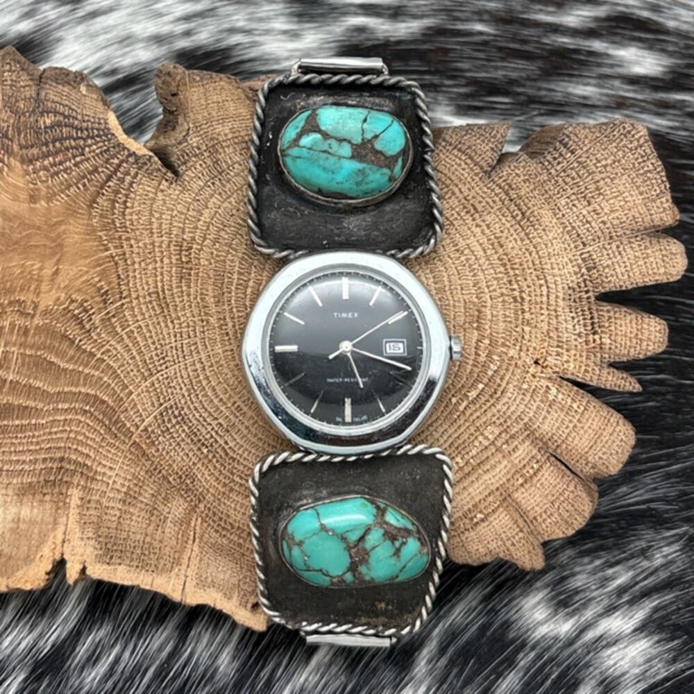 Timex Watch Featuring 1960s Native American NAVAJO Sterling & Turquoise Tips